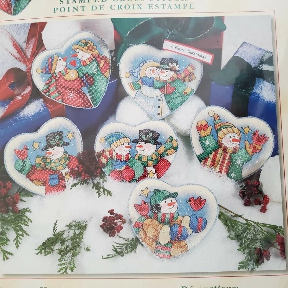 Dimensions Snowmen Hearts Set of 6 Christmas Ornaments Stamped Cross Stitch Kit